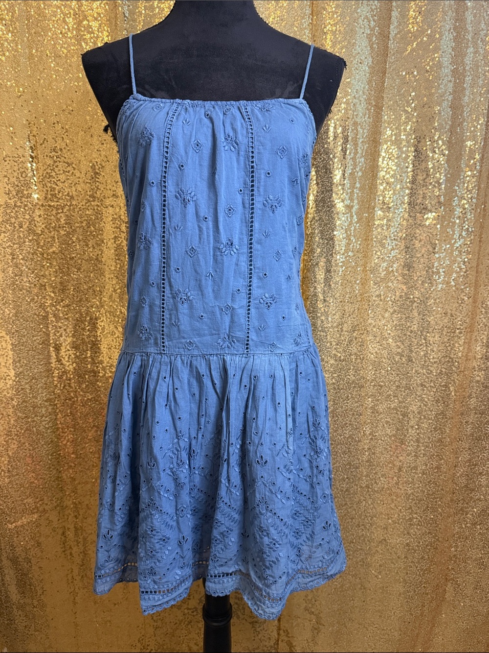 Unsubscribed Blue Eyelet Spaghetti-Strap Mini Dress with Flared Skirt